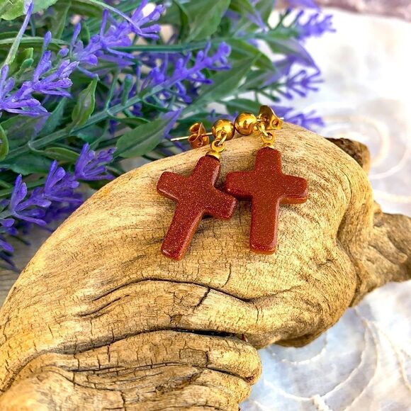 Vintage Jewelry - Lovely Genuine Goldstone Cross Earrings